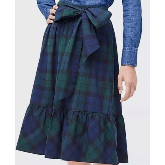 J Crew Midi Skirt Blackwatch Plaid Tartan Green Navy Ruffle Size XL ESTIMATE - Picture 2 of 6